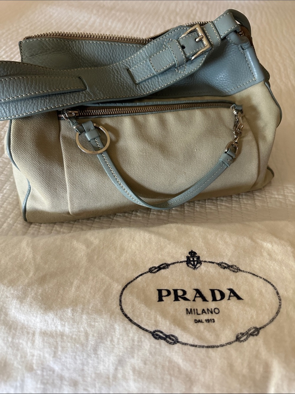 Prada Two-Tone Sage light blue Leather and Beige small Canvas Shoulder Bag